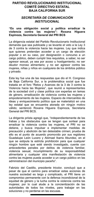 EL PARTIDO REVOLUCIONARIO INSTITUCIONAL DEMANDA QUE SEA PUBLICADA LA LEY 3 DE 3 CONTRA LA VIOLENCIA HACIA LAS MUJERES.