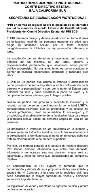 PRI EN CONTRA DE LEGISLAR SOBRE LA ELECCIÓN DE LA IDENTIDAD SEXUAL DE MENORES DE EDAD