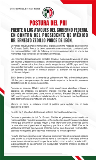 FIRME RESPALDO DEL PRI AL PRESIDENTE ZEDILLO FRENTE A LOS ATAQUES DEL GOBIERNO: ALEJANDRO MORENO
